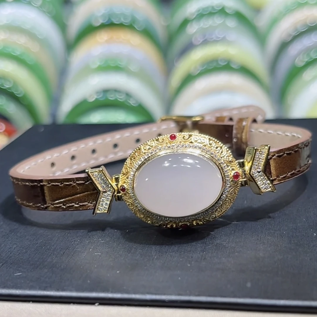 福利！和田玉高冰起荧光烟紫手表手牌S925银镶嵌