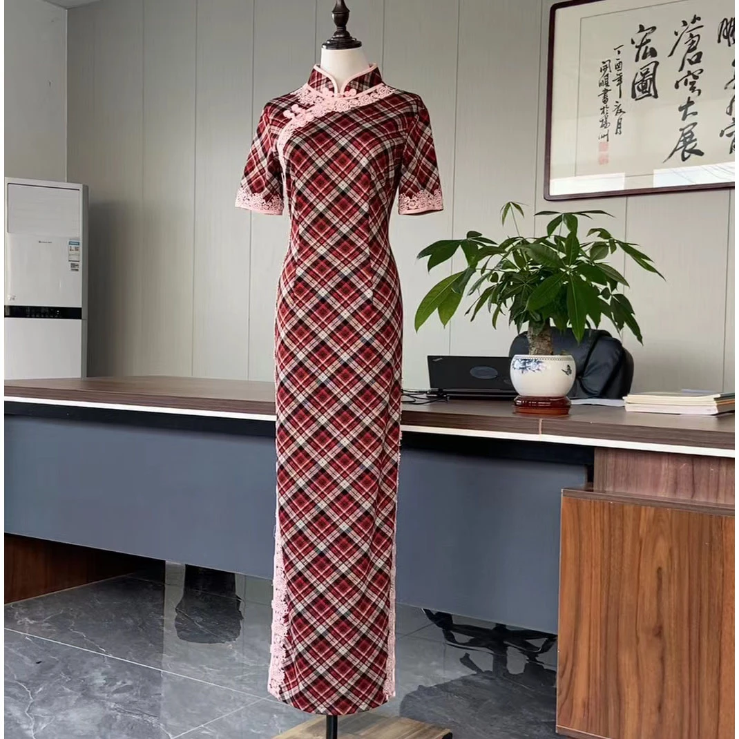 娴馨港风英伦弹力包肩袖蕾丝边长款日常显瘦显年轻四季可穿旗袍