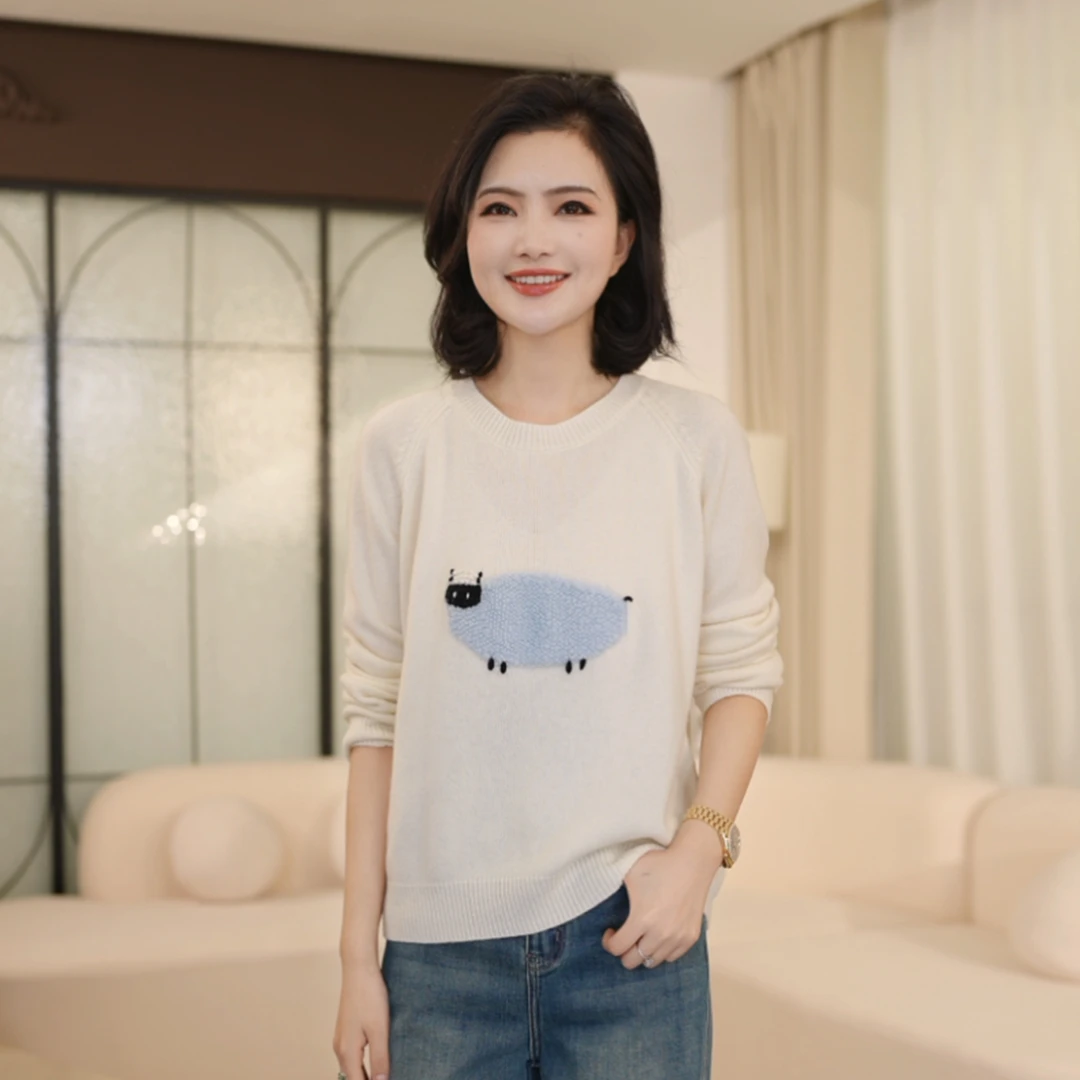 枫竺阿楠anan气质毛巾绣小羊套头全羊毛毛衣出游服饰女秋季卫衣