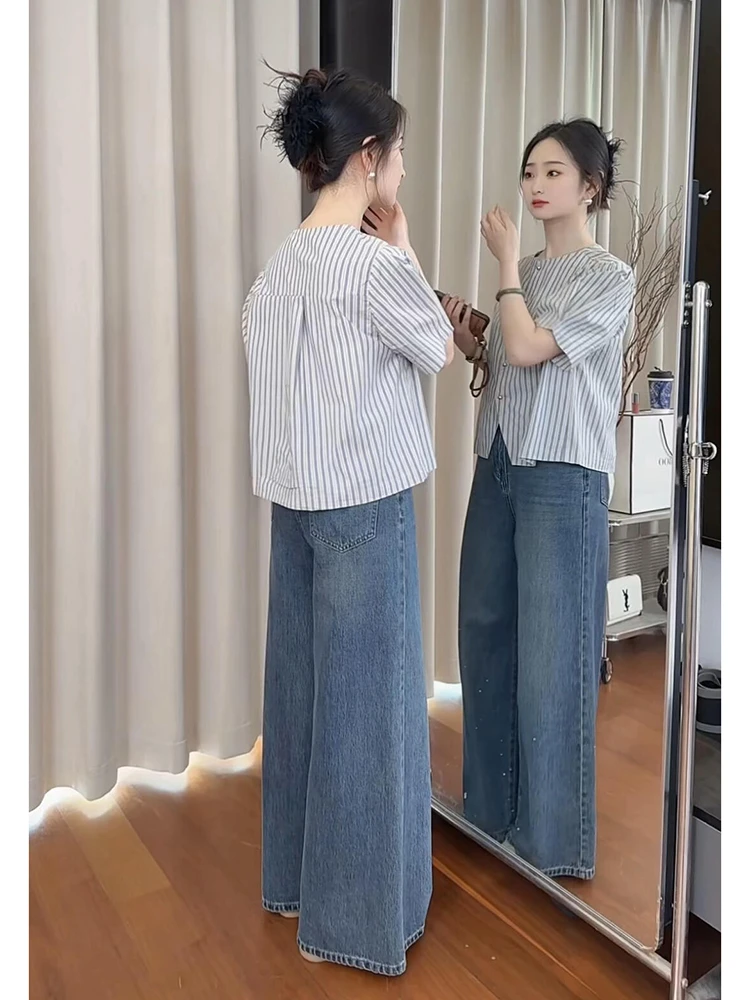 欧货小个子穿搭一整套高级感干练气质活泼减龄休闲条纹上衣裤子夏