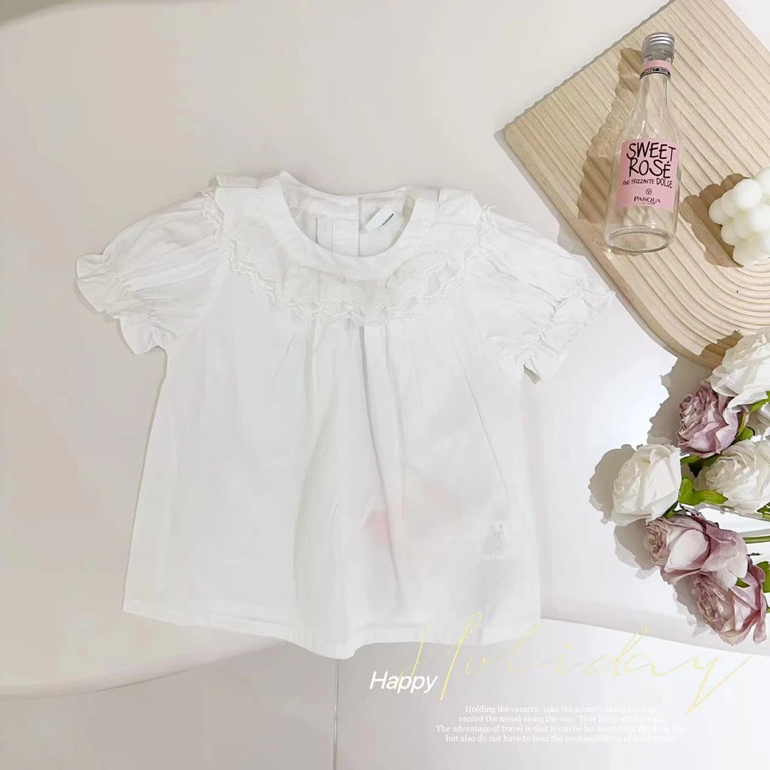 汤圆家童装2025夏季新款韩系蕾丝娃娃领百搭纯色T恤 XA-682