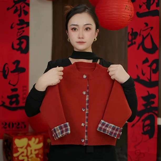 【苹果硬糖】秋冬显白开衫拼接格子中小童韩版针织毛衣男女童