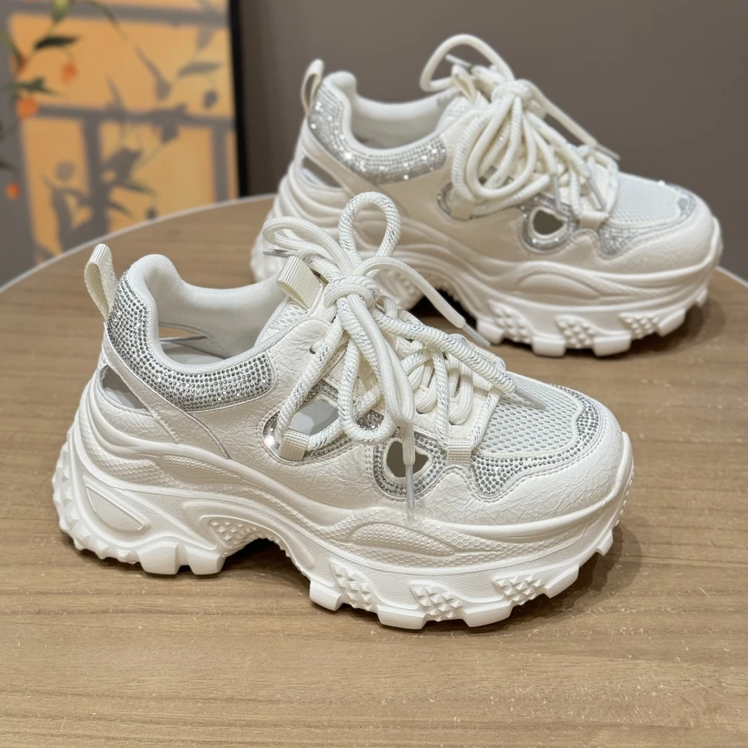 水钻镂空明星同款增高老爹鞋女2025新款夏季透气显脚小休闲运动鞋