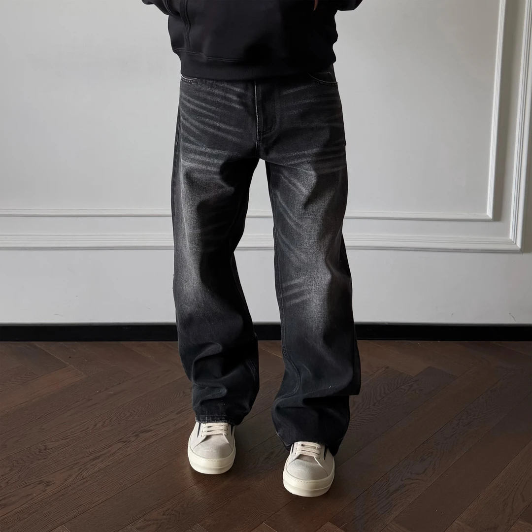 ''TZG''16oz高密度三本针复古全赛络纺猫须蜂窝水洗纯直筒黑牛