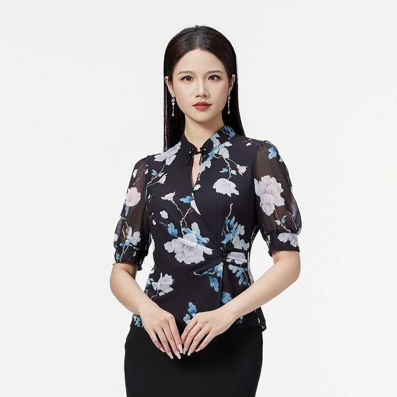 SUSSI/古色【烟雨江南】中式立领钉盘扣灯笼中长袖前片印花上衣