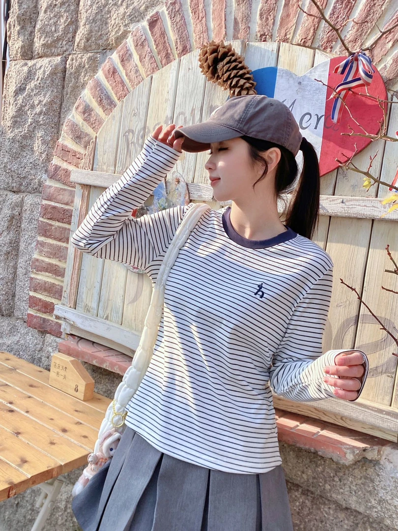 Z-XIN韩系条纹撞色圆领修身百搭显瘦打底衫H6085