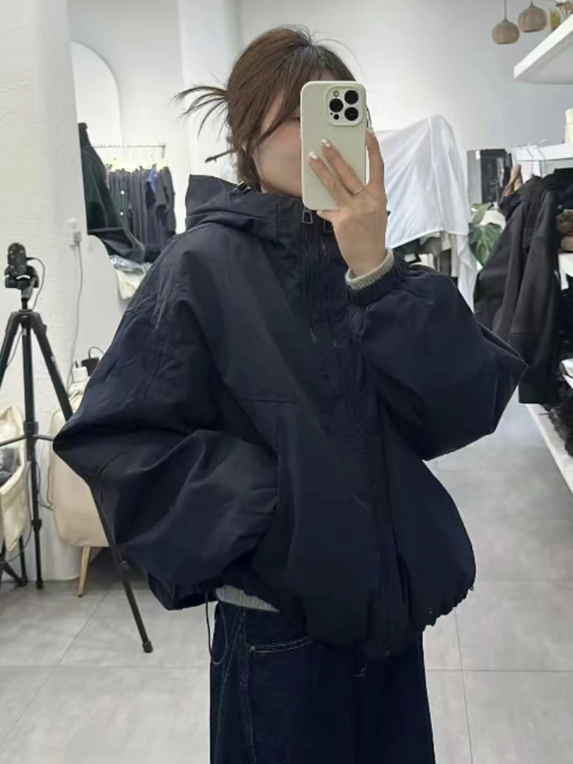 小个子短款双拉链连帽加棉冲锋衣外套女春秋季新款休闲防风上衣潮