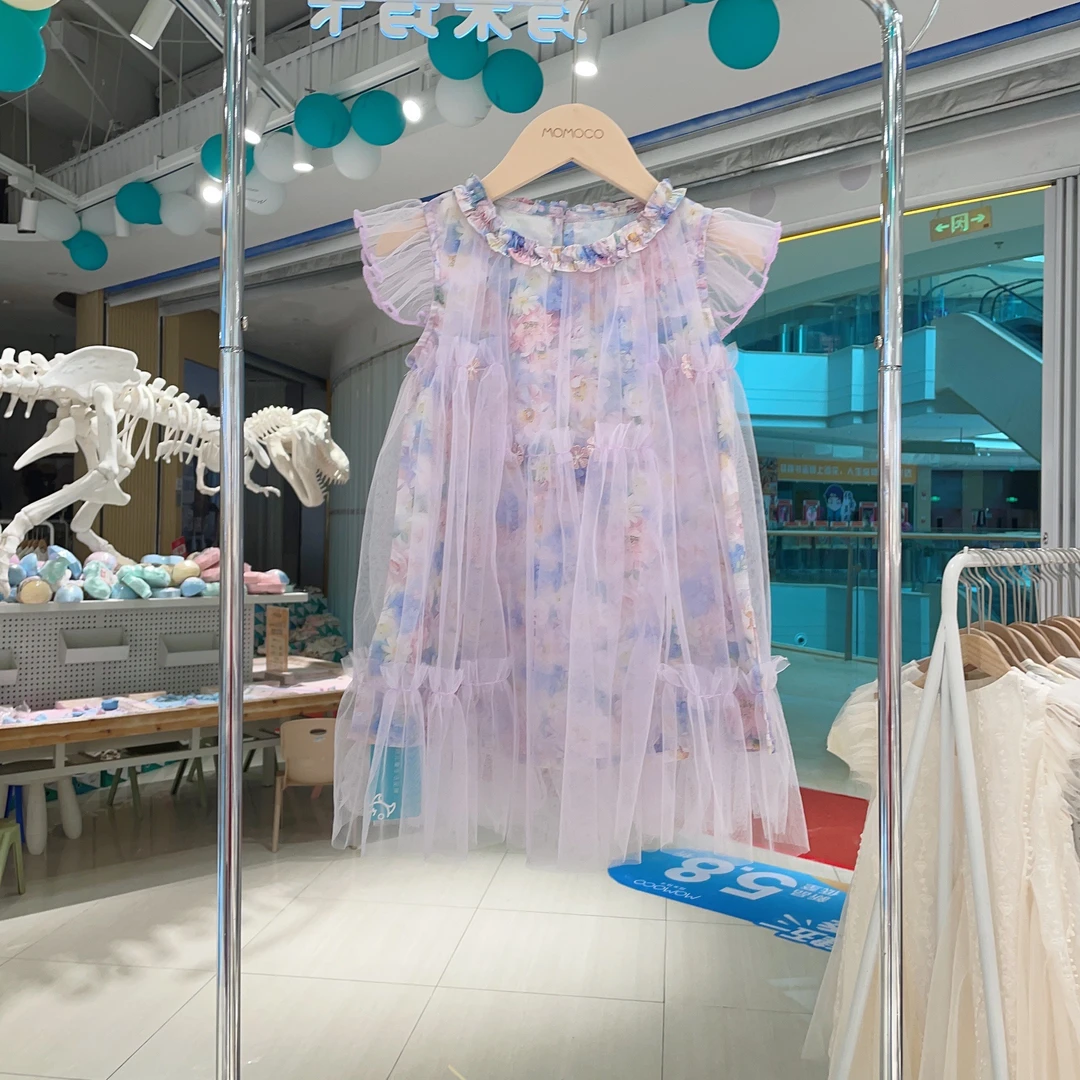 MOMOCO夏季女童甜美飞袖洋气韩系梦幻网纱连衣裙77630471005