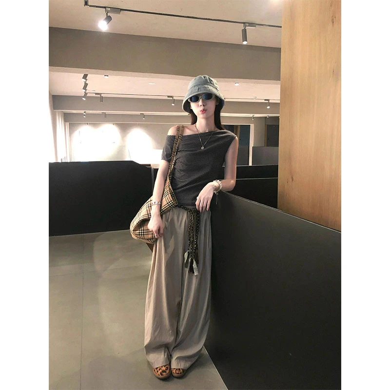 设计感不规则斜肩无袖上衣女2025夏季新款高腰休闲阔腿长裤两件套
