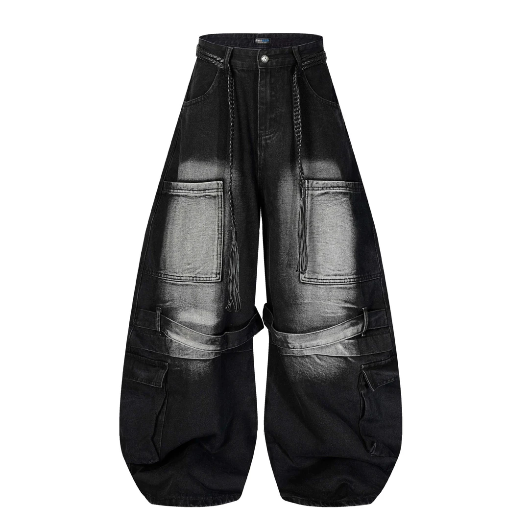 SUNBURST高街美式水洗做旧弯刀牛仔工装裤男女款潮牌宽松阔腿长裤