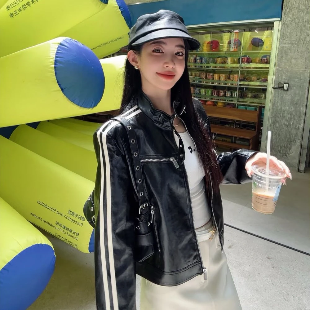 蛋白皮外套高品质娜扎同款美式复古机车风立领短款皮衣外套女秋季