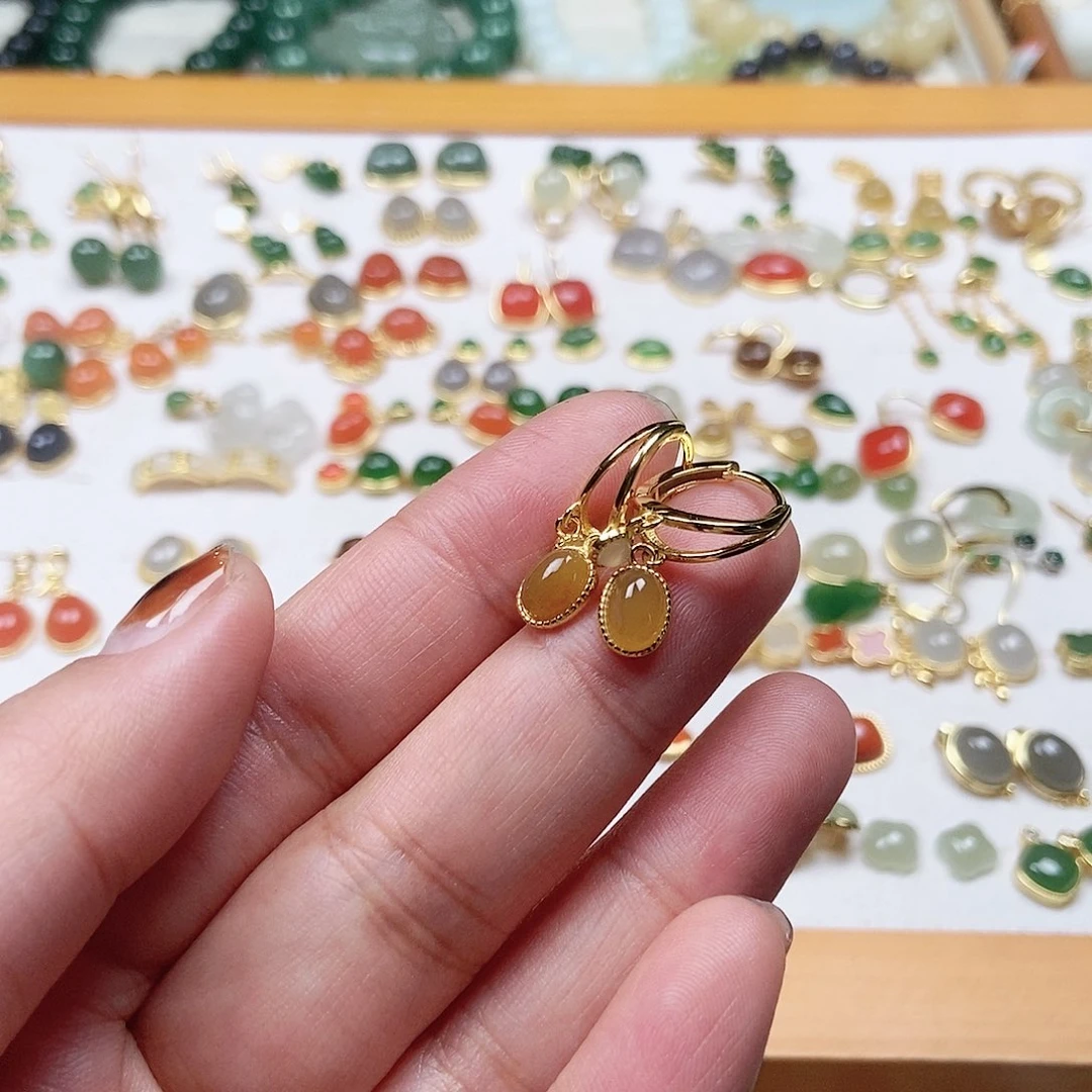 和田玉耳饰银S925镶嵌