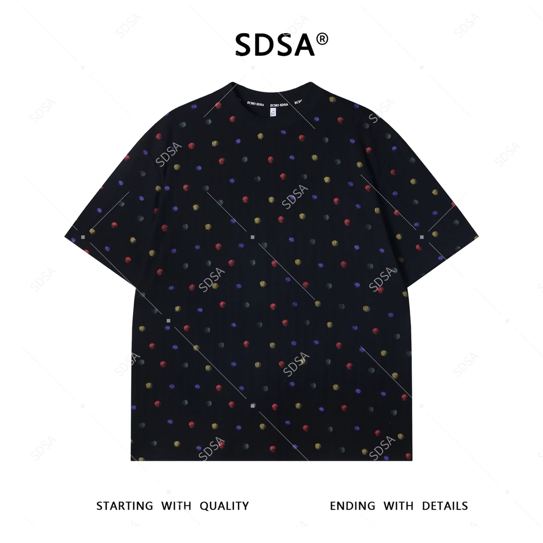 夏季高级感新款男士简约彩色波点图案短袖T恤百搭时尚圆领上衣