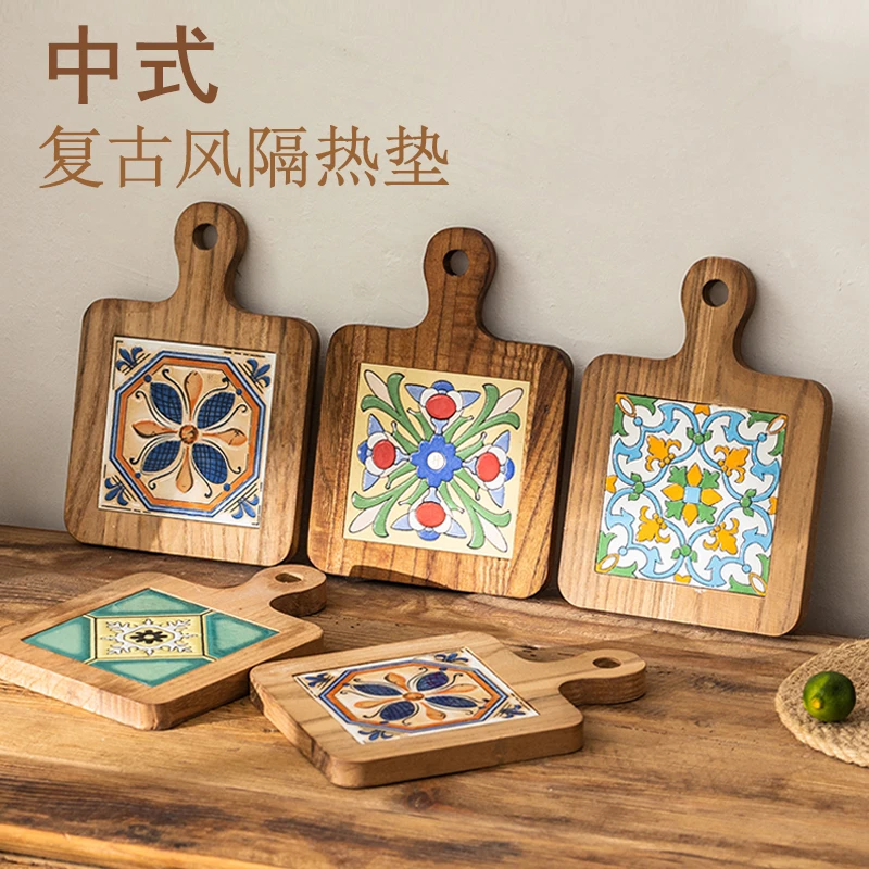 复古隔热垫实木花砖把手锅垫木质防烫盘杯垫家用砂锅汤锅隔热垫子