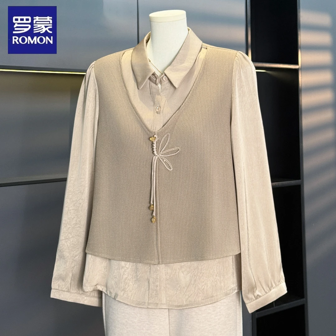 罗蒙时尚妈妈装假两件针织衬衫秋装新款上衣气质时尚中老年女衬衣
