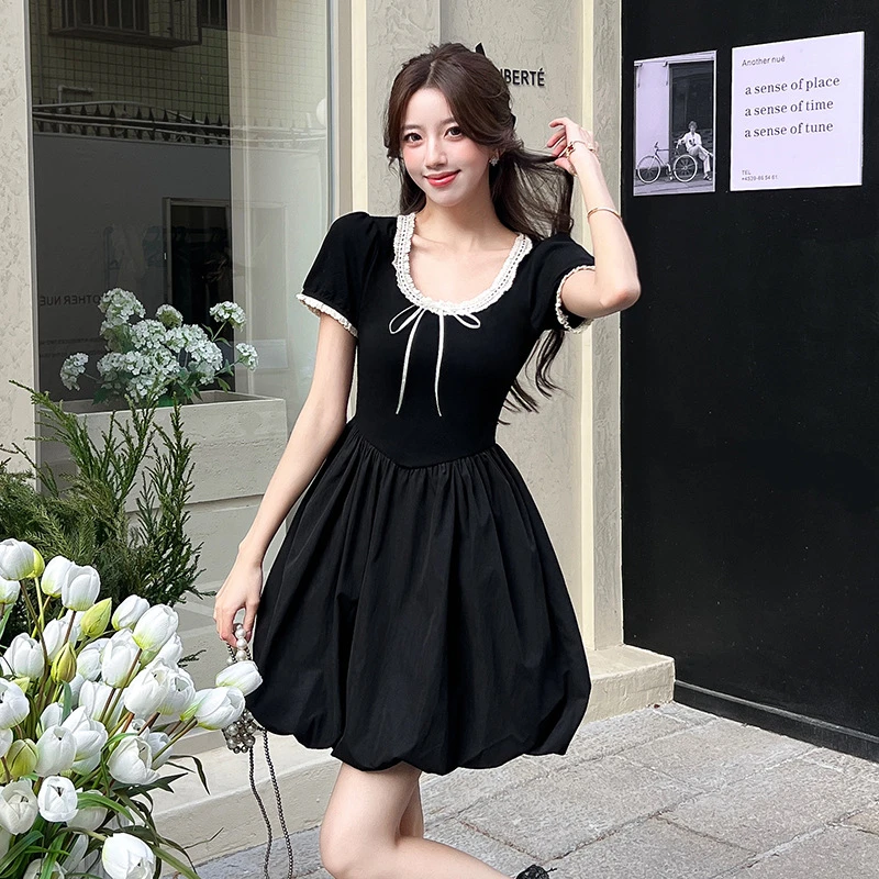 yysp9009芭蕾风少女黑色蓬蓬花苞裙2025夏季小个子收腰显瘦连衣裙