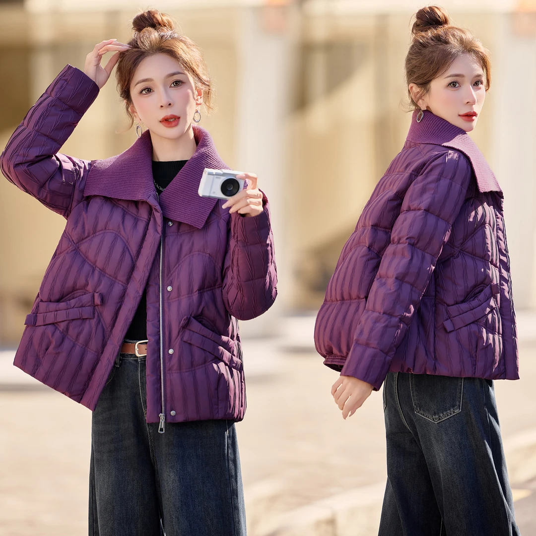 时尚短款拼接翻领轻薄羽绒服女2025年冬装新款宽松大码白鸭绒外套