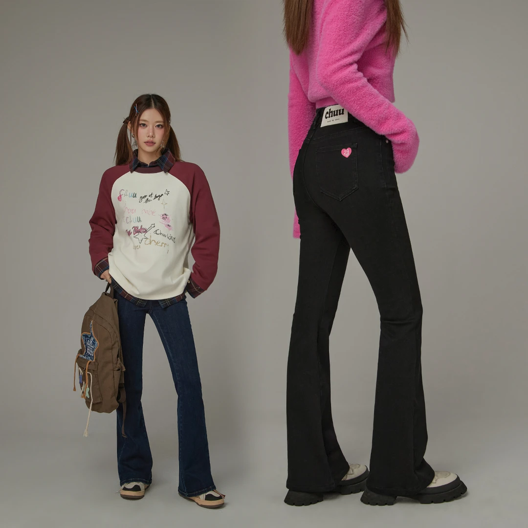 F0018【马琦尧专属】CHUU冬季女装单排扣设计爱心绣花显瘦牛仔裤-Y