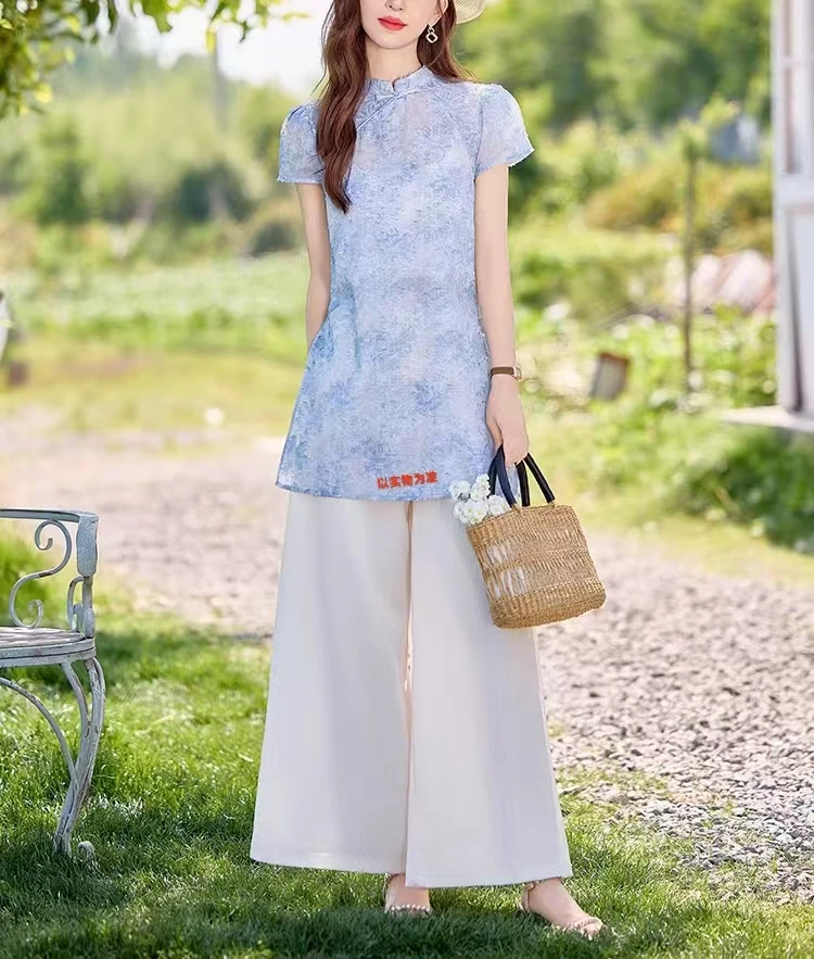 复古新中式套装时尚套装文艺中国风女装夏季短袖套装2599