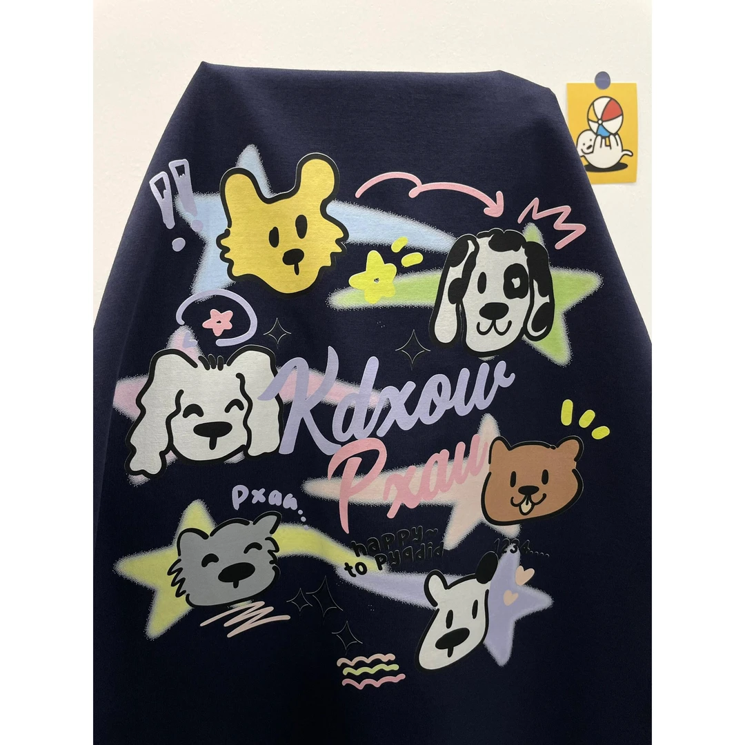 纯棉藏蓝色短袖T恤女韩版卡通学生宽松情侣时尚休闲百搭半袖上衣