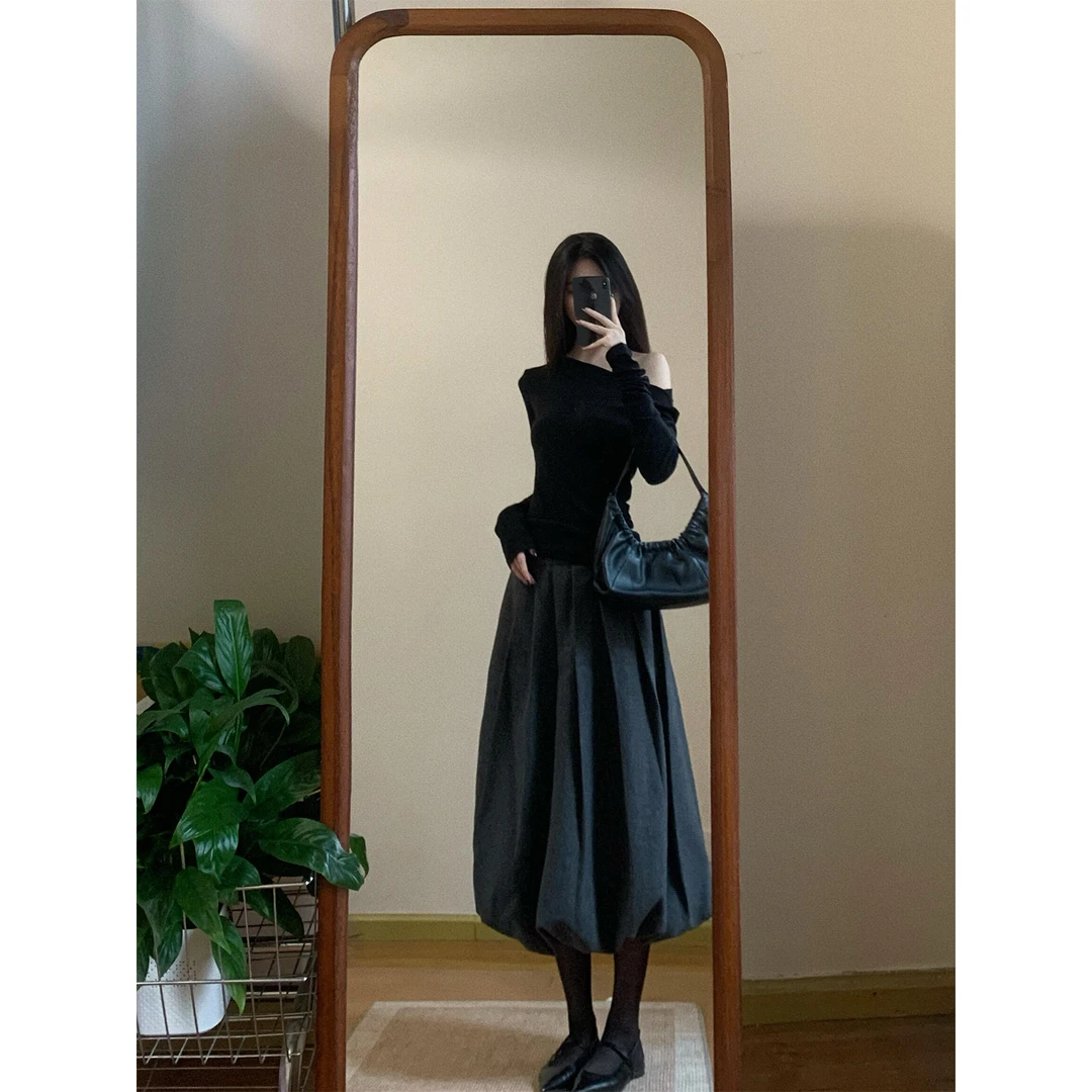 斜领露肩高级感修身收腰长袖T恤百褶半身裙女2025秋季时尚套装潮
