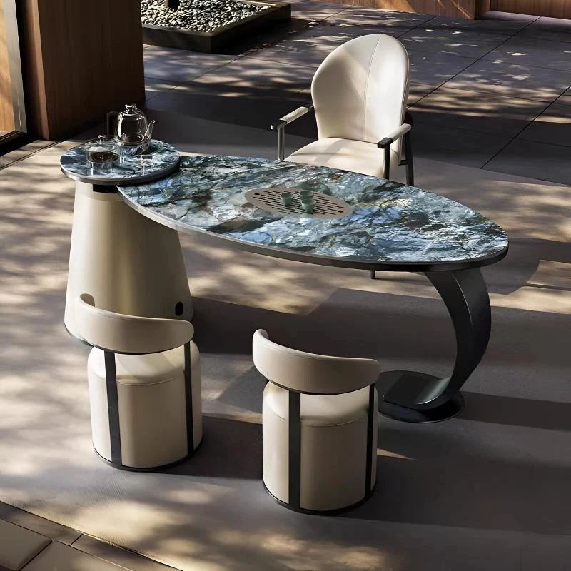 岩板茶桌椅组合一桌五椅现代轻奢高级感办公室烧水壶一体阳台茶台