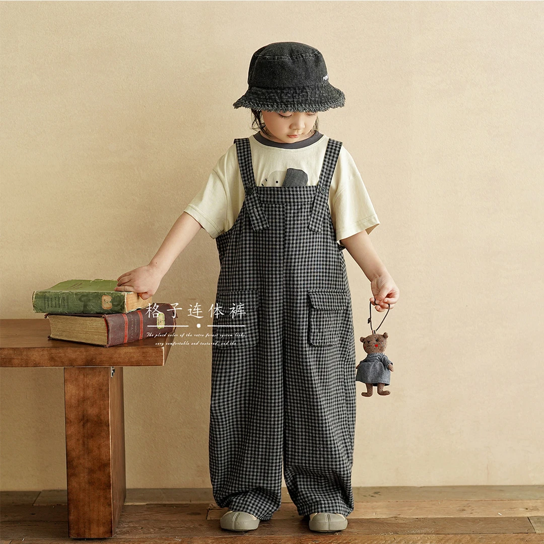 砚台家男童格子背带裤2025夏季新款男宝宝宽松休闲裤儿童阔腿裤子