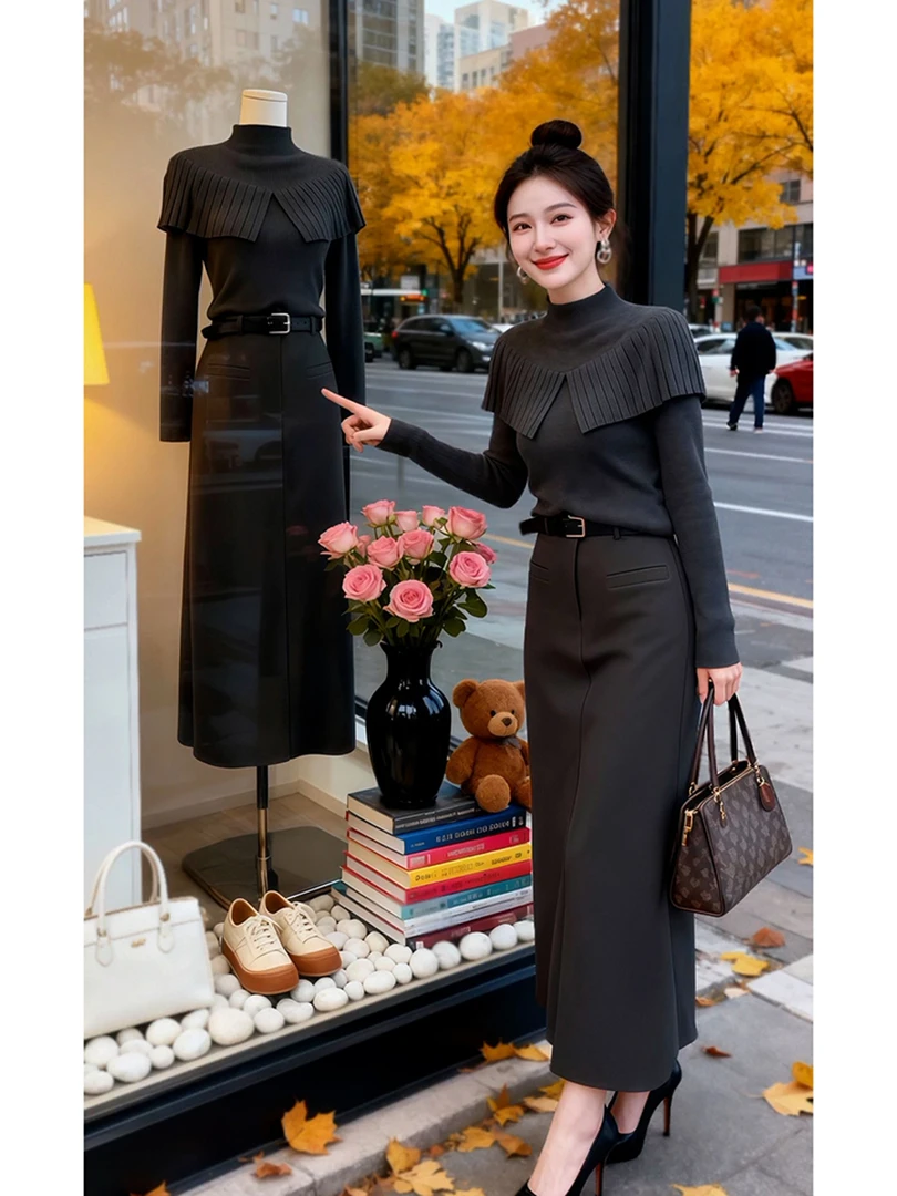 轻熟风立领灰色针织衫女秋冬2025新款设计感荷叶边修身打底衫上衣