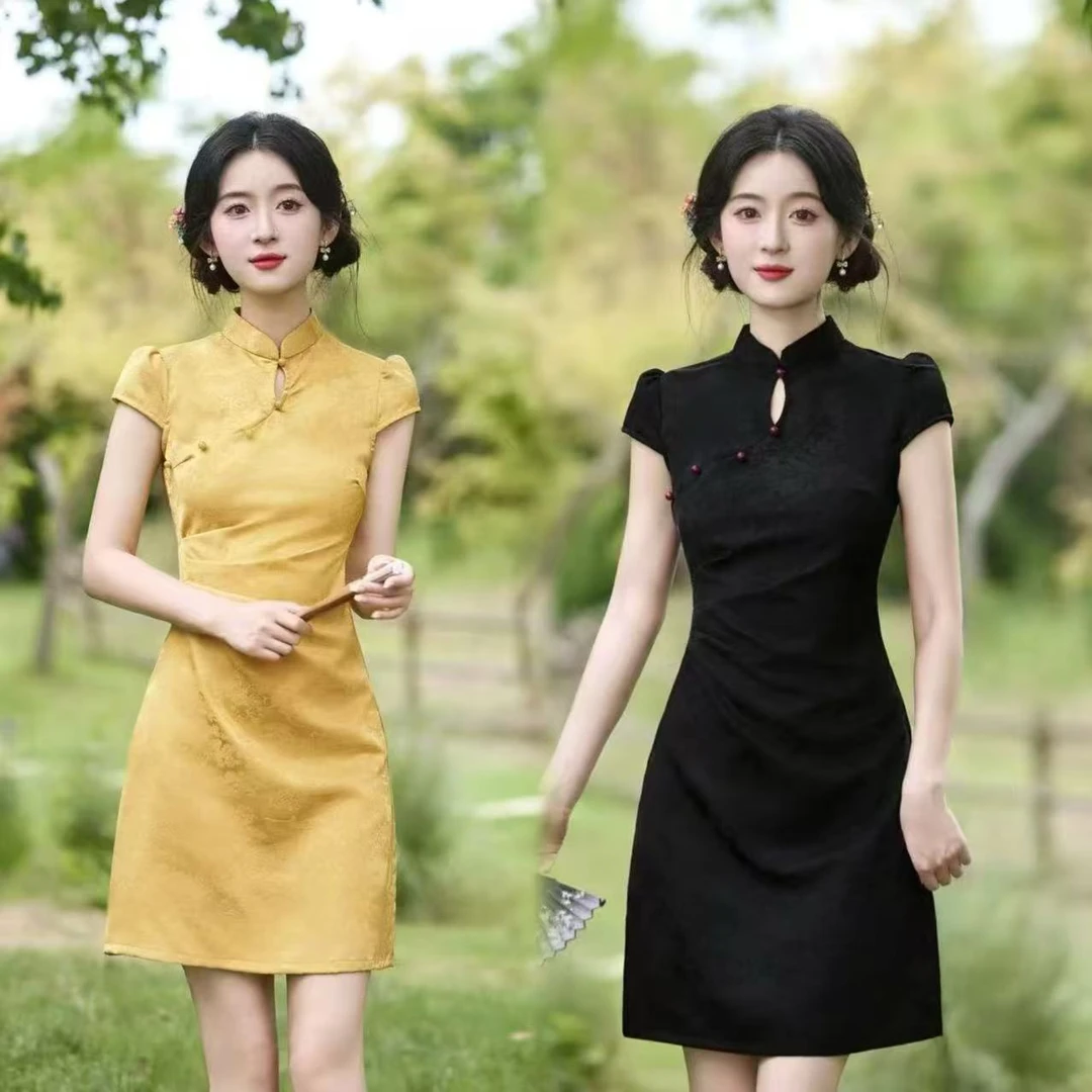 夕雅 新款夏季常规袖提花新中式简约立领珠子扣改良旗袍小个子