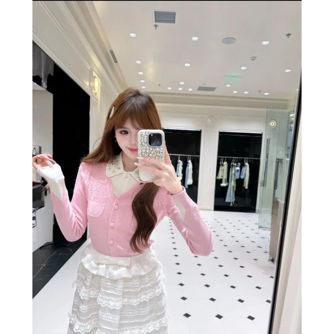 【DÉ MYSTÈRE】拉拉家翻领长袖粉色轻薄针织开衫上衣外套GFC25518