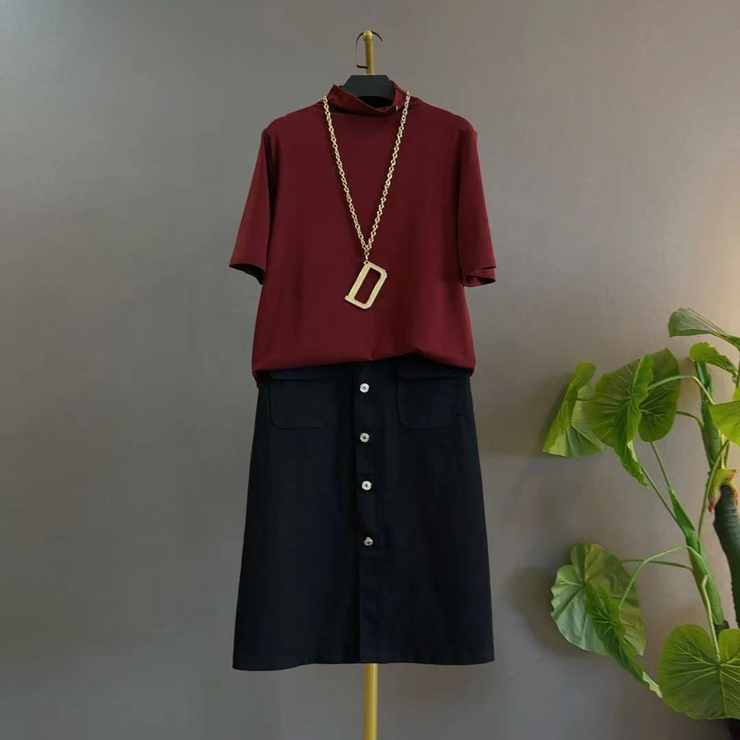 五分袖半高领圆领螺纹常规款T恤ins洋气宽松牛仔裙遮肚显瘦200斤