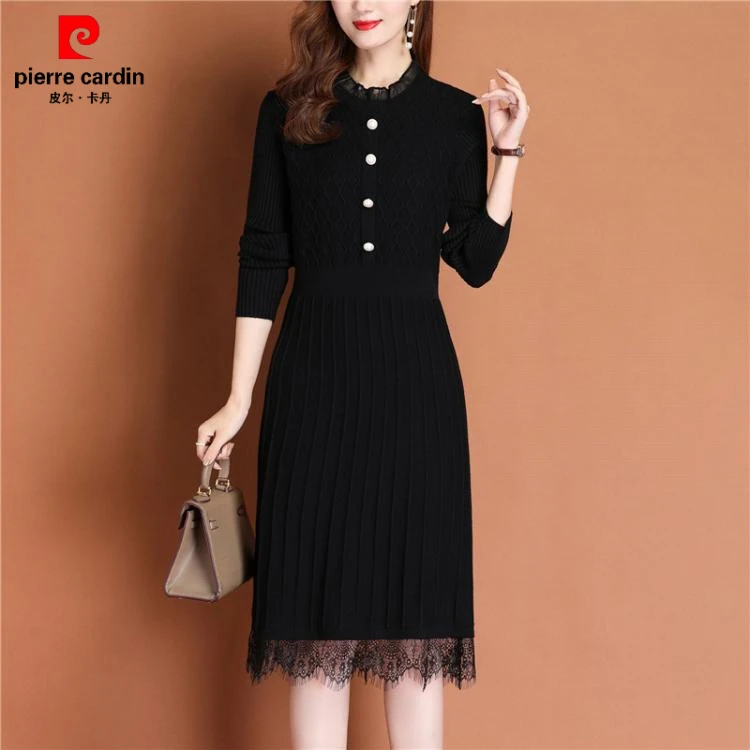 皮尔卡丹春秋款连衣裙2025新款修身休闲配大衣打底长袖针织蕾丝毛