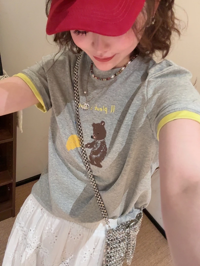 老赵服饰 韩系小熊印花刺绣撞色设计感短袖上衣 21AU3383