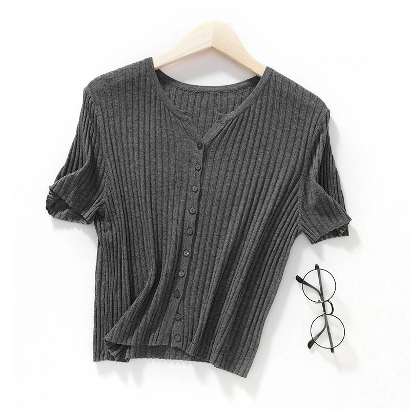 夏季亚麻针织短袖开衫女薄剪刀V领小衫宽松显瘦坑条短款上衣DY502