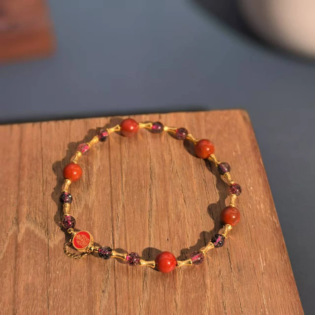 [琪钰]盼香 18K金扎基竹节南红+超七手链-L250107003