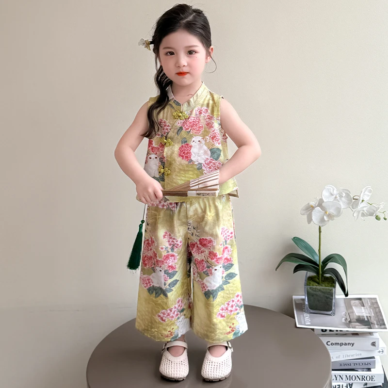 女童新中式无袖套装夏季儿童洋气女宝宝汉服两件套薄款国风小女孩