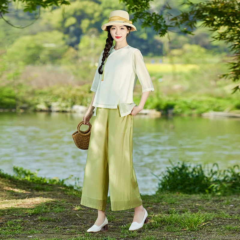 民国风新中式天丝阔腿套装女夏2025新款上衣裤子一整套妈妈两件套