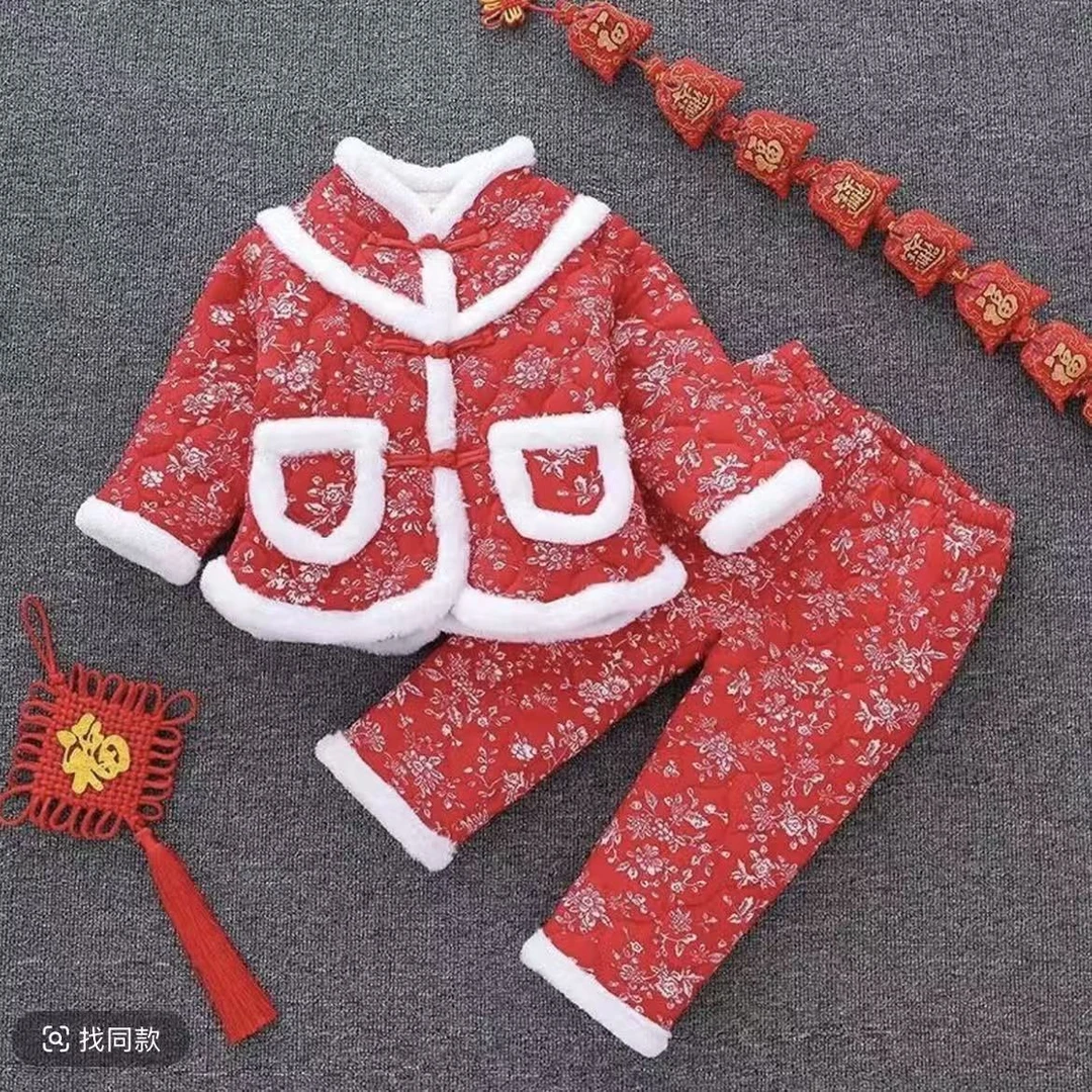 棉衣套装男女通用男冬装中国风单排扣东北大花喜庆婴儿女加绒