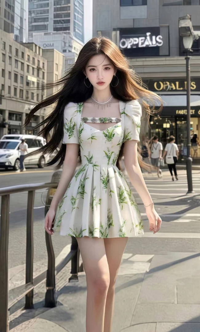 2025夏季新款绿色印花短袖修身收腰小众轻奢优雅氛围感连衣裙女