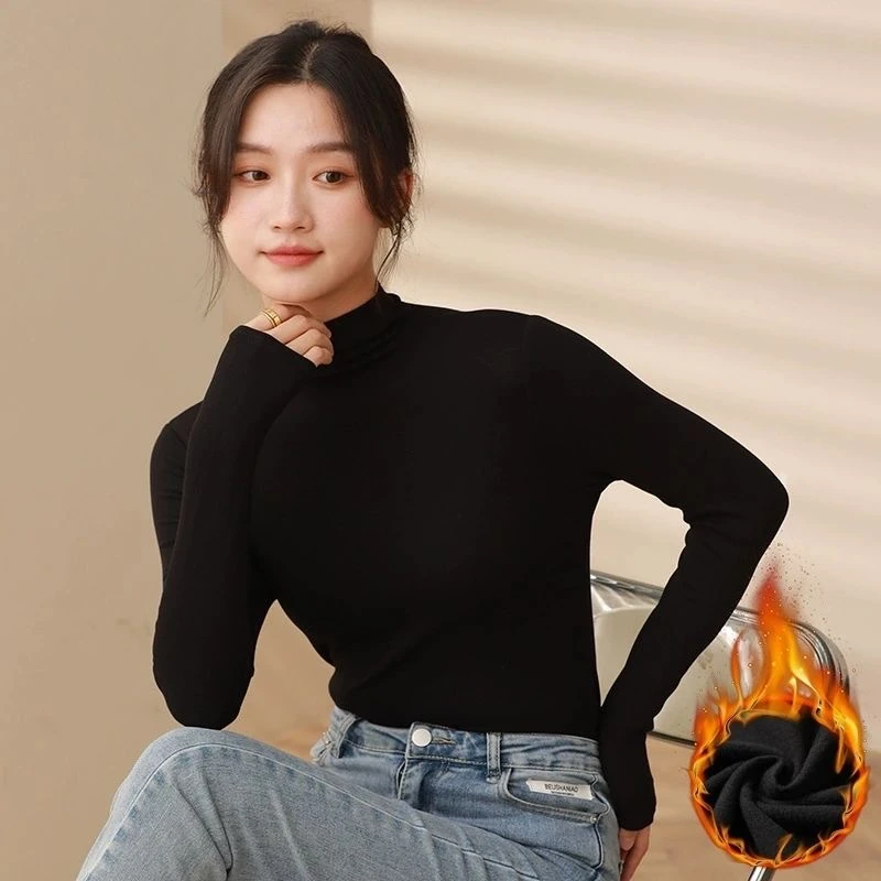 8888-莫代尔半高领秋冬打底衫女内搭磨毛加厚长袖外穿体恤保暖上
