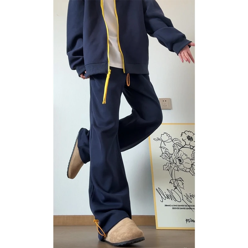 潮牌宽松运动卫裤男秋美式纯色垂顺直筒长裤高街百搭抽绳休闲裤子