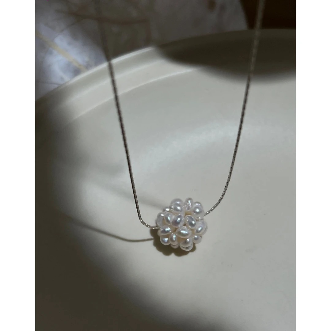 JUNMU天然珍珠绣球花项链925银锁骨链精致百搭温柔微笑链简约颈链