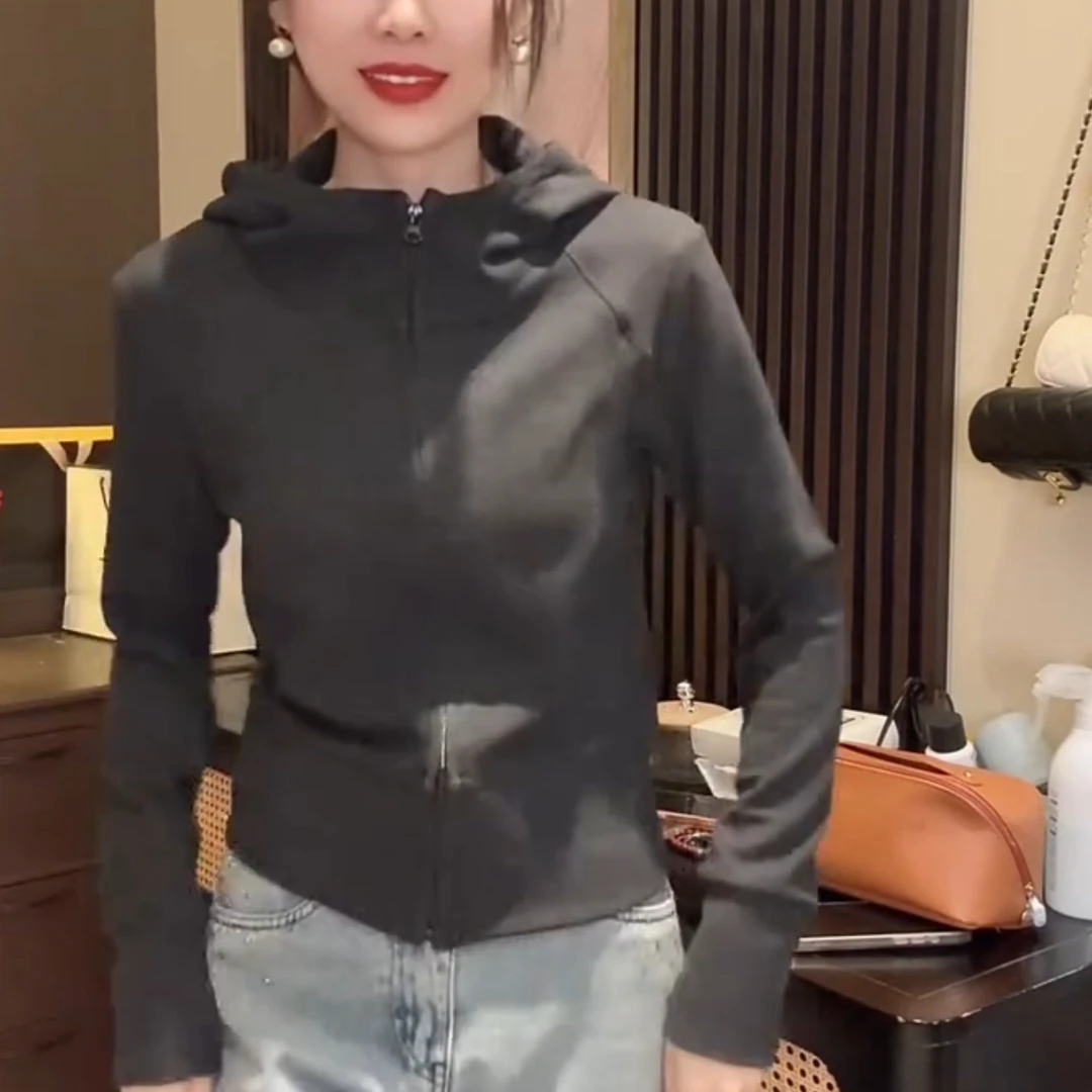 深灰色连帽拉链长袖百搭显瘦秋冬新款女开衫外套