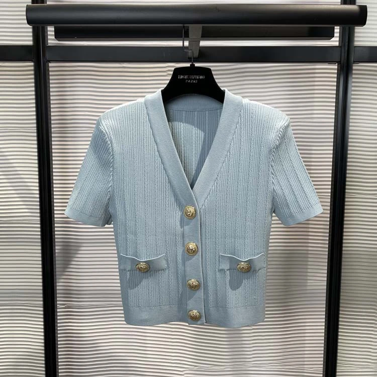 25年春装新款女装 法式高定轻奢蓝色短款针织衫-B009