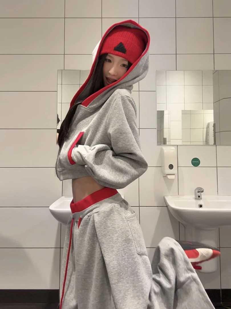 美式显瘦显高辣妹松弛大兜帽短款卫衣+打褶直筒宽松抽绳卫裤套装