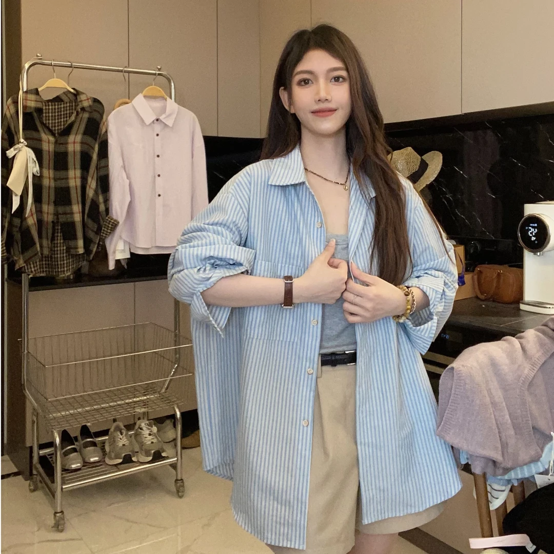 【出游必备】条纹衬衫女宽松休闲百搭慵懒感防晒衫