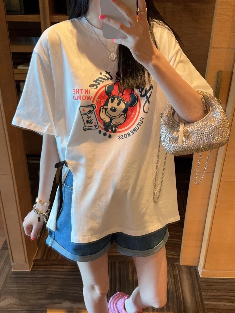 可爱卡通印花侧开叉蝴蝶结设计宽松白色短袖T恤#z885