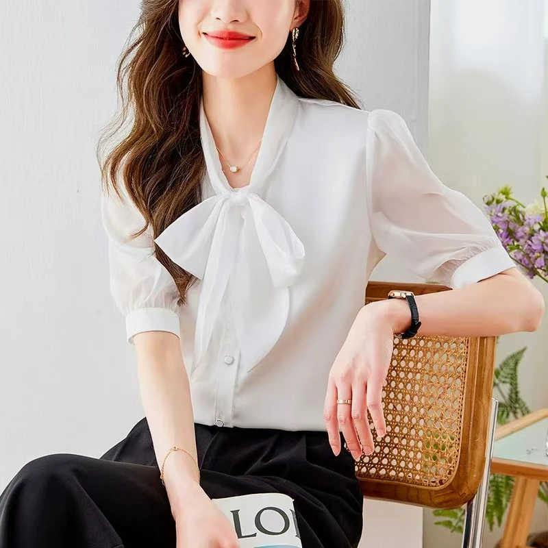 气质黑色短袖衬衫女夏季薄款蝴蝶结系带飘带减龄上衣白色雪纺衬衣