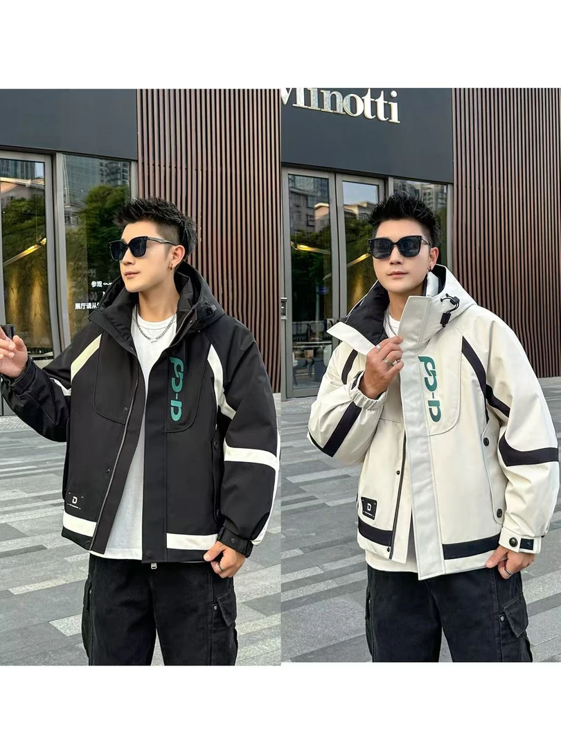 666冬季新款鹅绒羽绒服高级感潮流撞色设计时尚连帽高街夹克外套