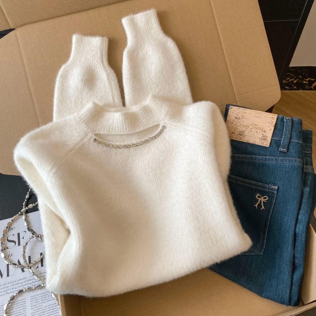 2025新款显瘦修身时尚美拉德法式甜美风套头镂空长袖针织毛衣女